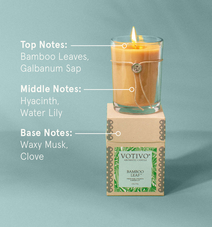 A glowing yellow Votivo Bamboo Leaf 6.8 oz. Aromatic Candle in a glass holder rests on its box, with text highlighting fragrance notes: bamboo leaves, galbanum sap, hyacinth, water lily, waxy musk, and clove.