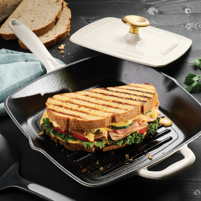 Bestow 11 Inch Enameled Cast-Iron  Grill Pan with Press