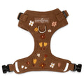 Lucy & Co. Chocolate Meadows brown corduroy dog harness with embroidered floral pattern and front leash attachment