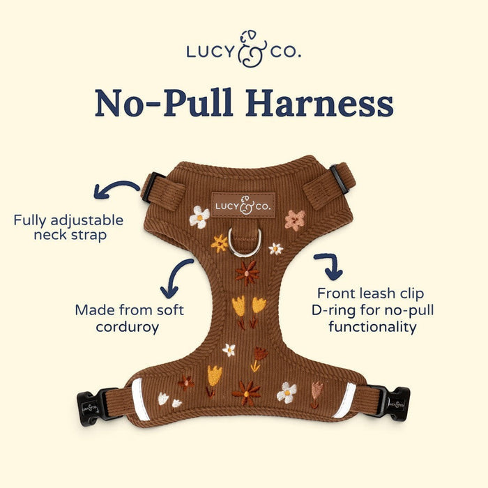 Lucy & Co. Chocolate Meadows brown corduroy dog harness with floral embroidery, front D-ring, and adjustable straps.