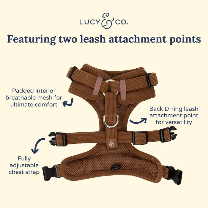 Lucy & Co. Chocolate Meadows brown corduroy no-pull dog harness with adjustable straps and dual leash attachments.