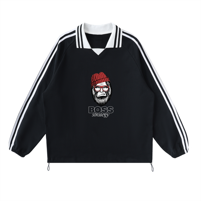 Thechosenmarket black cotton sweatshirt with white striped raglan sleeves, lapel collar, and Boss Strategy graphic.
