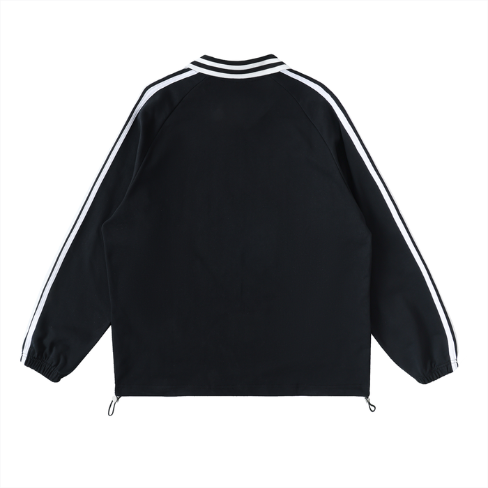 Thechosenmarket black heavyweight cotton sweatshirt with white striped raglan sleeves and a lapel collar, back view.