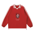 Thechosenmarket red heavyweight cotton sweatshirt with a lapel collar, raglan sleeves, and a Boss Strategy graphic.