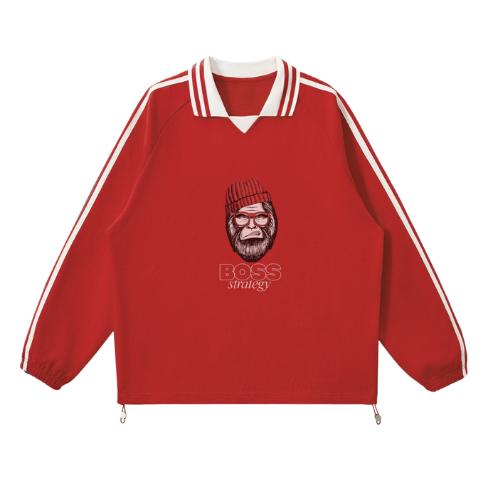 Thechosenmarket red heavyweight cotton sweatshirt with a lapel collar, raglan sleeves, and a Boss Strategy graphic.