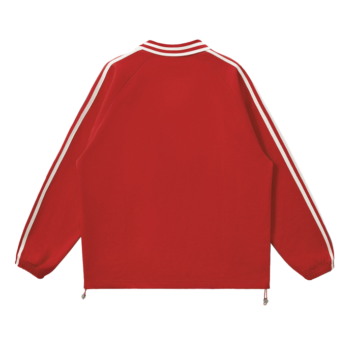 Thechosenmarket red heavyweight cotton sweatshirt with white striped raglan sleeves and a lapel collar, back view.