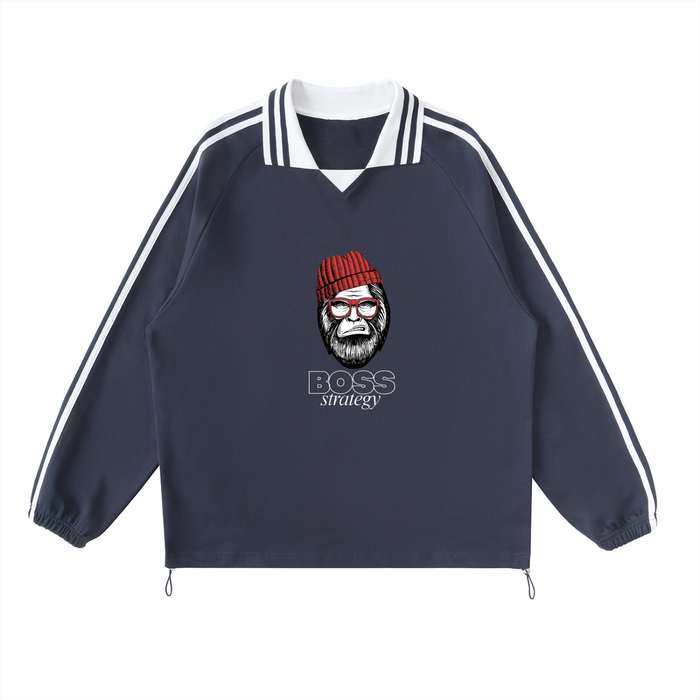 Thechosenmarket navy blue heavyweight cotton sweatshirt with a lapel collar, white stripes, and a graphic print.
