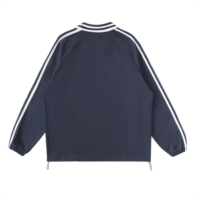 Thechosenmarket navy blue heavyweight cotton sweatshirt with white striped raglan sleeves and a lapel collar.