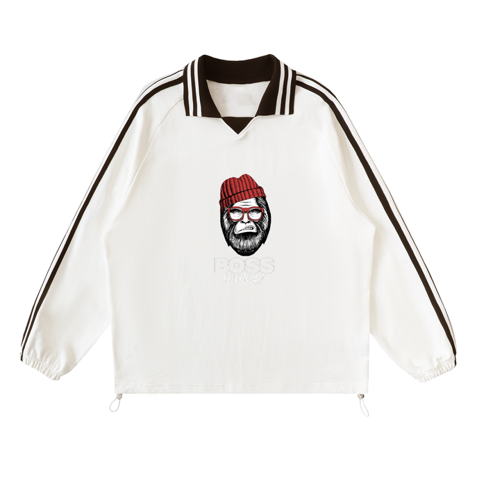 Thechosenmarket white heavyweight cotton sweatshirt with a lapel collar, raglan sleeves, and a graphic print.