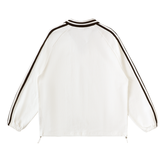 Thechosenmarket white heavyweight cotton sweatshirt with black striped raglan sleeves and a lapel collar, back view.