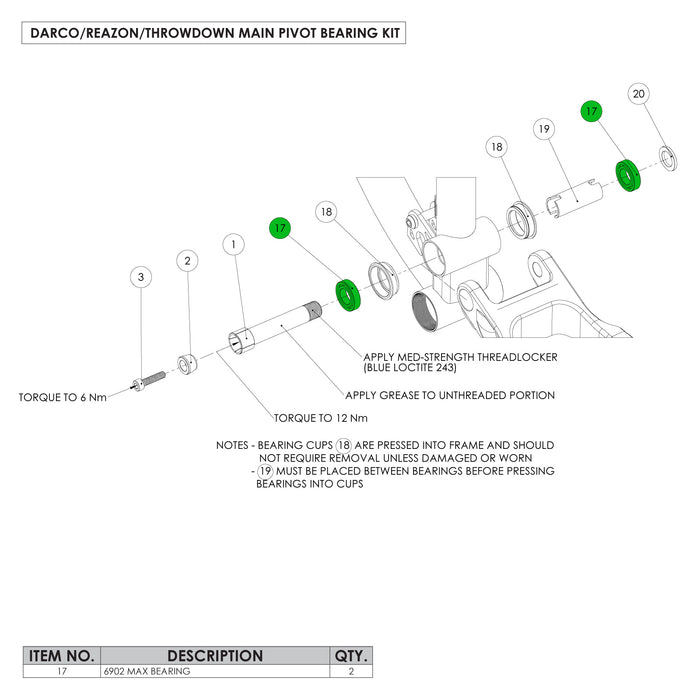 Darco/Reazon/Throwdown Main Pivot Bearing Kit