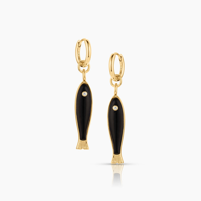 Fortuna Onyx Fish Hoop Earrings