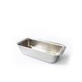 Angled view of the stainless steel loaf pan with tab handles showcasing its rectangular interior on a white background