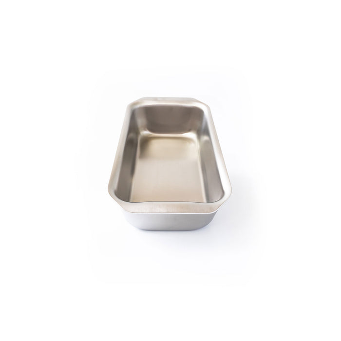 Stainless-steel rectangular loaf baking pan on a white background