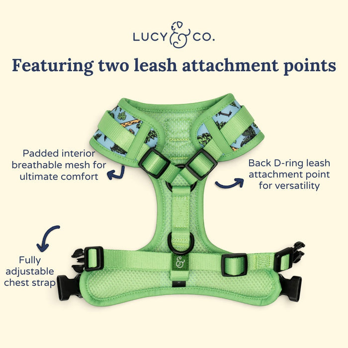 Lucy & Co. x Parks Project green neoprene no-pull dog harness with adjustable straps and dual leash attachment points.
