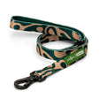 Lucy & Co. x Parks Project Geyser dog leash with green and tan abstract print, padded handle, and lockable carabiner.
