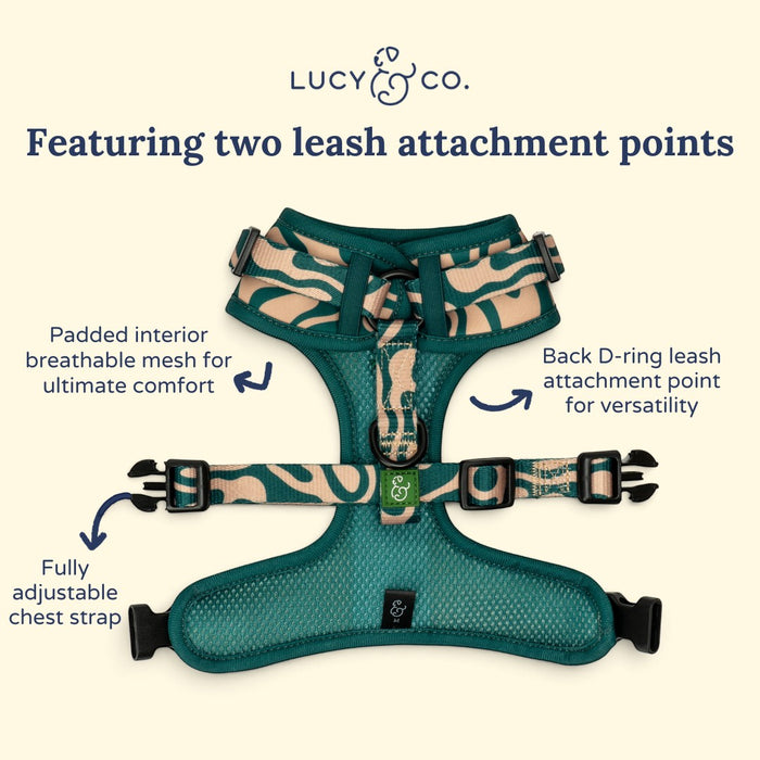 Lucy & Co. x Parks Project Geyser no-pull dog harness in green and tan with adjustable straps and dual leash clips.