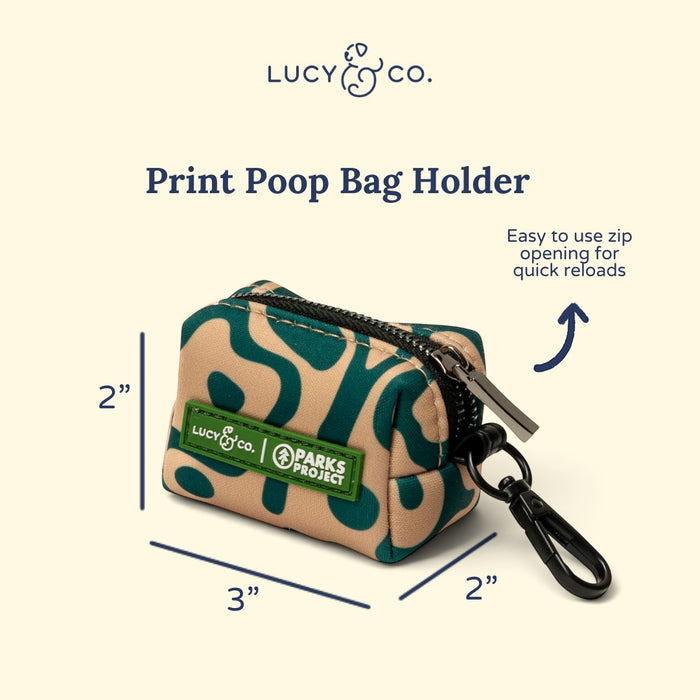 Lucy & Co. x Parks Project Geyser print neoprene poop bag holder with a zipper and black clip for dog leashes.