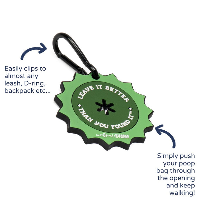 Lucy & Co. green rubber poop bag clip with Leave it Better text and a black metal carabiner for dog leashes.