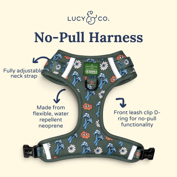 Lucy & Co. x Parks Project green neoprene dog harness with mushroom and flower print and front leash attachment.