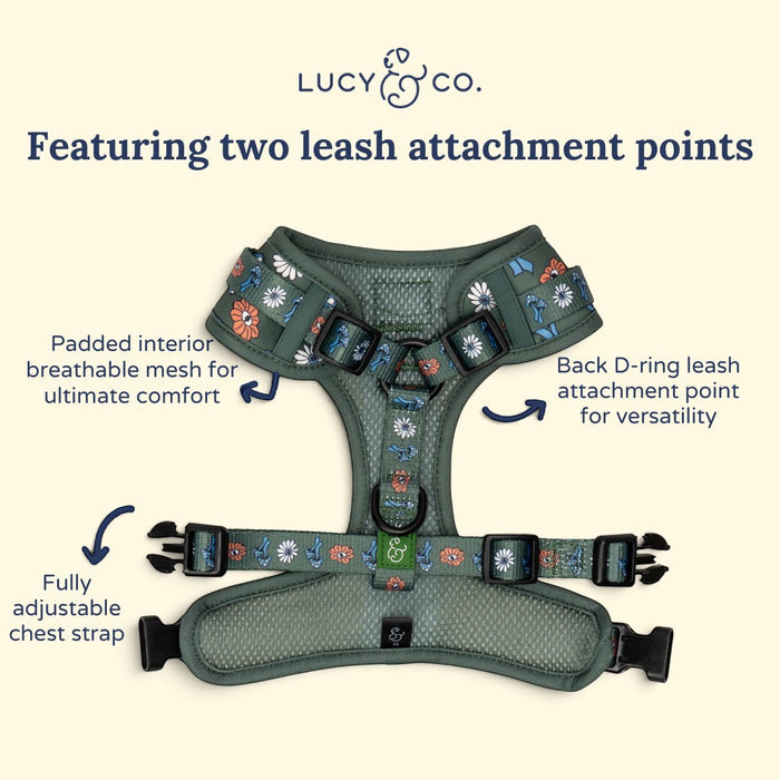 Lucy & Co. x Parks Project green floral no-pull dog harness with breathable mesh and dual leash attachment points.