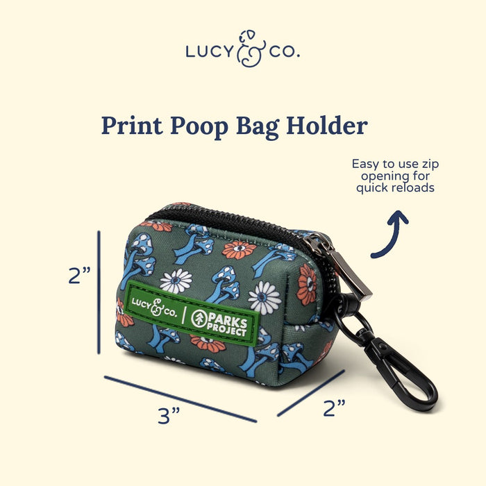 Lucy & Co. x Parks Project poop bag holder in green with mushroom and flower print, featuring a black clip and zipper.
