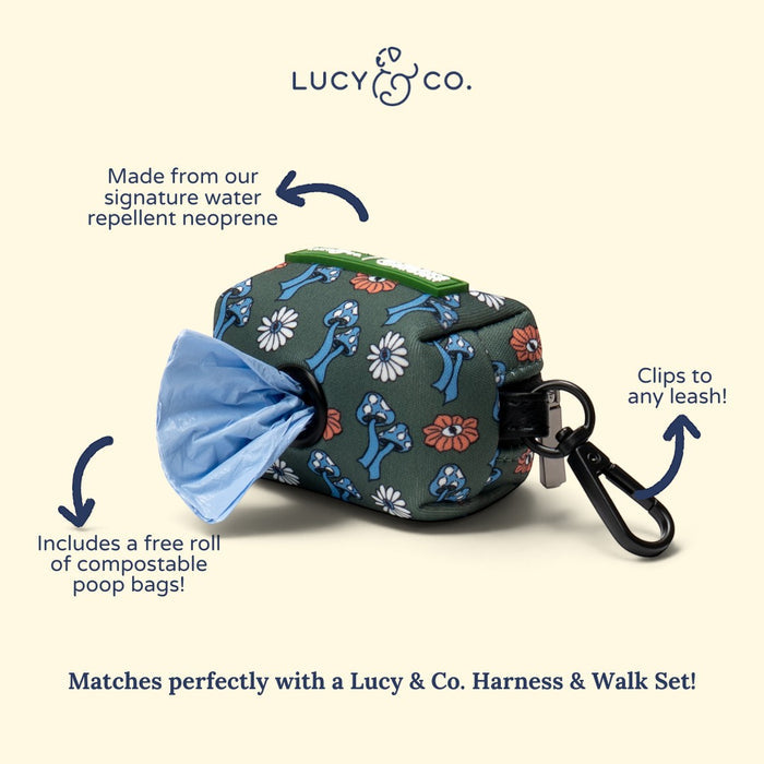 Lucy & Co. x Parks Project poop bag holder in green neoprene with a blue mushroom and flower print and black clip.