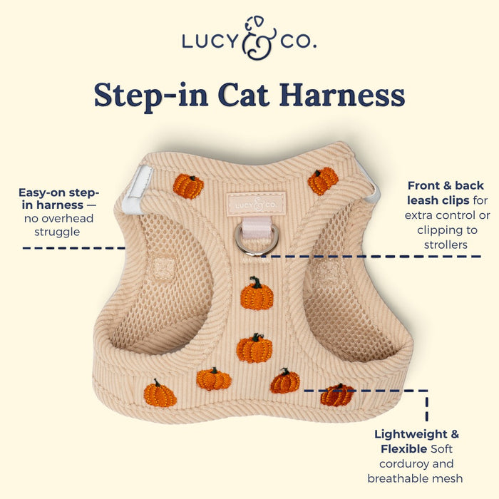 Lucy & Co. Oh My Gourd corduroy step-in cat harness with pumpkin print, mesh lining, and dual leash attachment points.