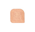 Top view of natural wood pan scraper showing rounded-square shape and beveled scraping edge on white background