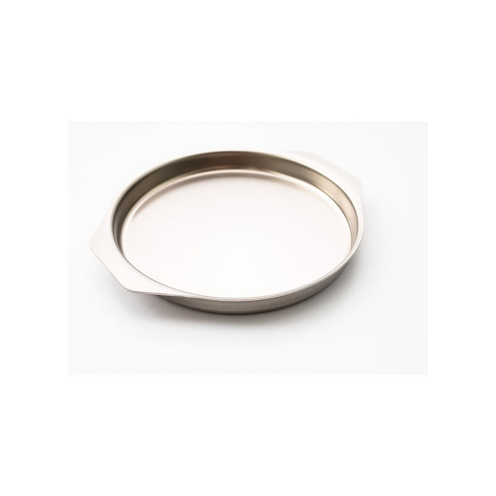 Round stainless-steel baking pan with two short integrated handles and shallow sides