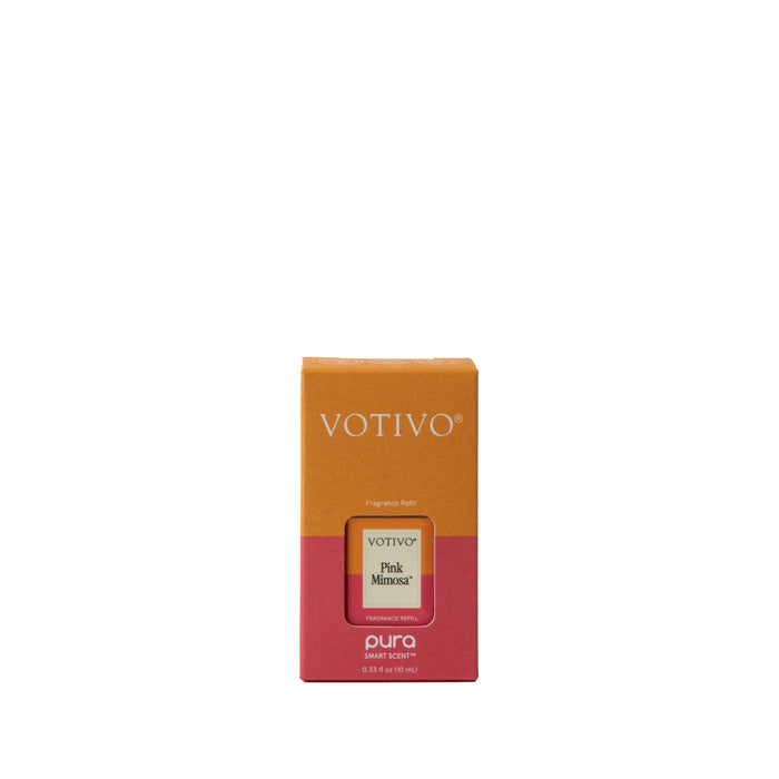 The Votivo Pink Mimosa Pura Fragrance Refill Vial features an orange and pink design, works with the Smart Fragrance Diffuser, is Pura app compatible, and displays the product name and Votivo brand at the bottom front.
