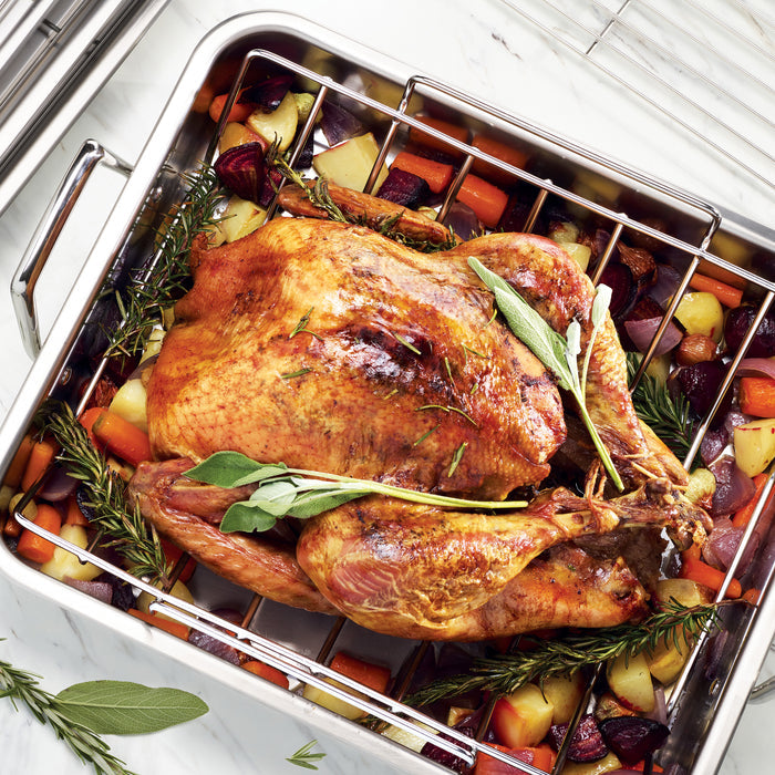 Prima 16.5 in Stainless Steel Deep Roasting Pan - Includes Basting Grill & V-Rack