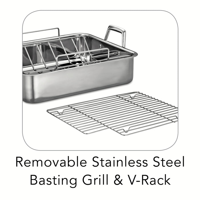 Prima 16.5 in Stainless Steel Deep Roasting Pan - Includes Basting Grill & V-Rack