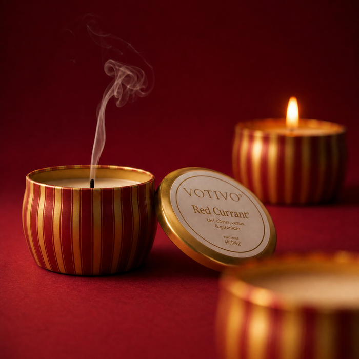Three VOTIVO Red Currant scented tin candles in red and gold striped packaging with one open candle showing rising smoke and its lid placed beside it on a dark red background.