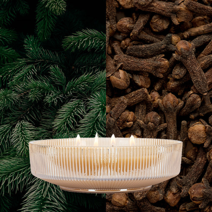 A Votivo Sequoia Fir Holiday Multi-Wick Candle made with soy blend wax sits in front of a background featuring green Sequoia Fir branches on the left and dried cloves on the right.