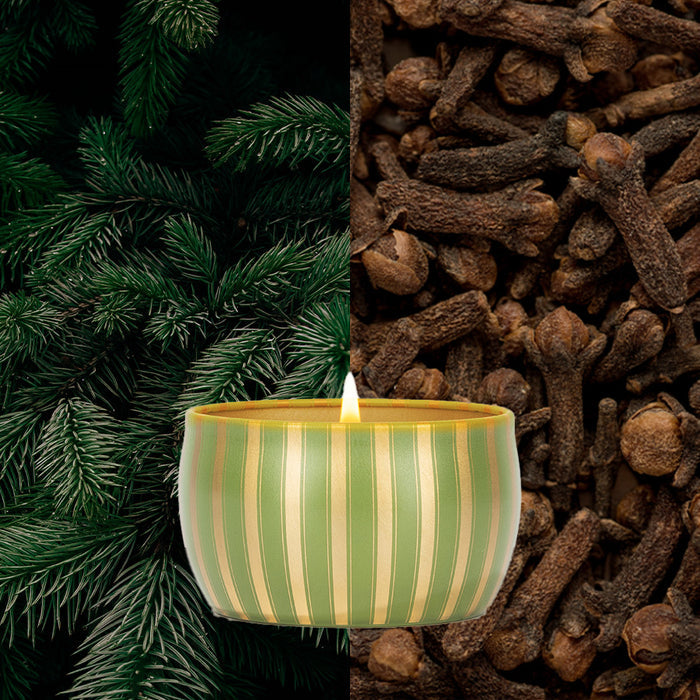 A Votivo Sequoia Fir Holiday Tin Candle with green and gold stripes is centered over a background of pine branches and cloves, capturing the cozy holiday aroma.