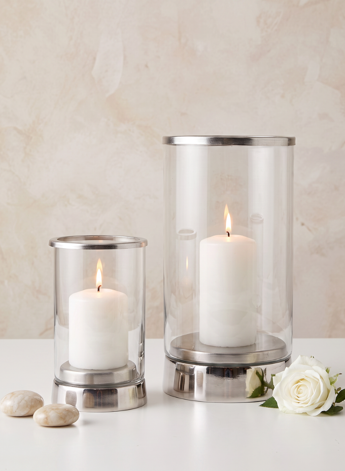 Silver & Glass Candle Hurricane Decor Jamali Garden