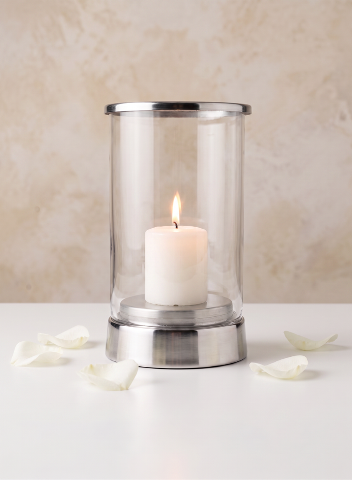 Silver & Glass Candle Hurricane Decor Jamali Garden