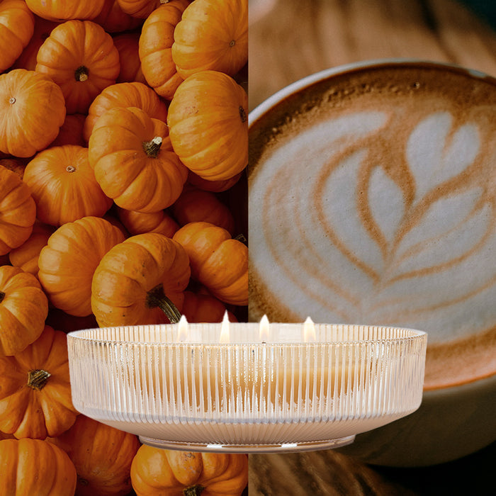 A collage featuring small orange pumpkins, a cup of latte with leaf latte art, and the Votivo Spiced Chai Holiday Multi-Wick Candle in a ribbed glass container.