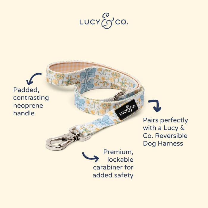 Lucy & Co. Sunshine and Daffodils dog leash with floral print, padded neoprene handle, and lockable carabiner.