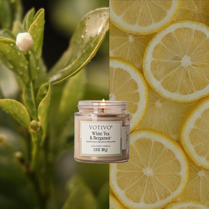 A lit Votivo White Tea & Bergamot Discovery Candle, made with soy blend wax, sits centered before a background split between fresh green tea leaves and overlapping lemon slices.