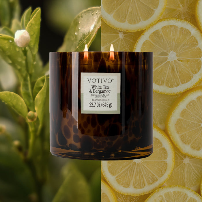 A Votivo White Tea & Bergamot Tortoise Candle with two lit wicks sits between close-up green tea leaves with white buds on the left and sliced lemons on the right.