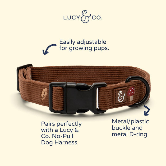 Lucy & Co. brown corduroy dog collar featuring embroidered toadstool and leaf details with black hardware.