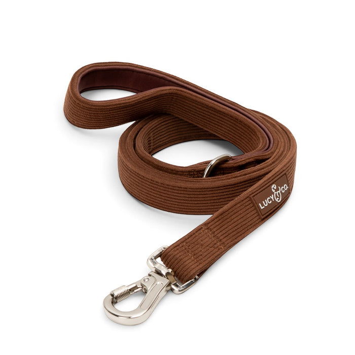 Lucy & Co. brown corduroy dog leash with a padded neoprene handle and a secure lockable carabiner.