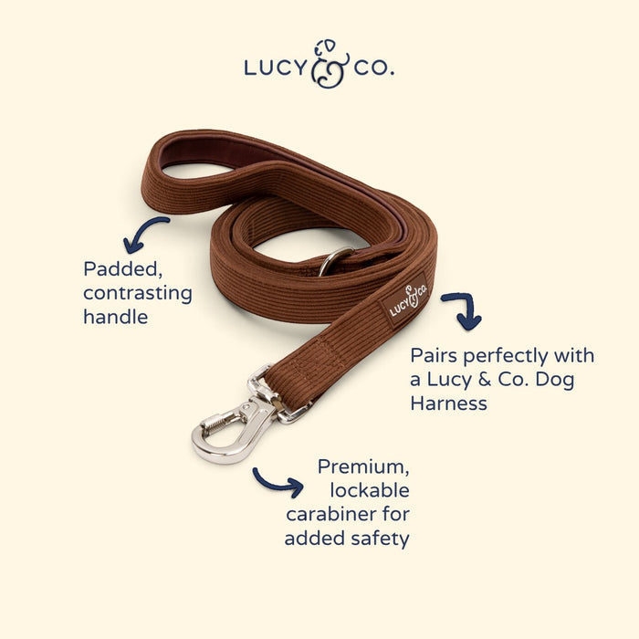 Lucy & Co. brown corduroy dog leash with a padded neoprene handle and a premium lockable carabiner.